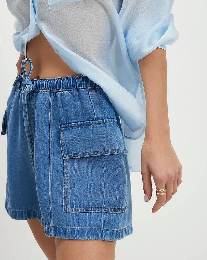 River Island Denim Cargo Shorts With Elastic Waist 