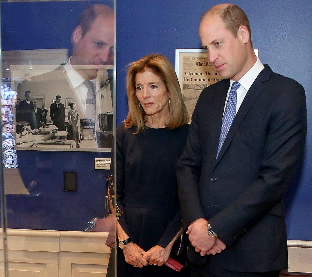 Prince William and US Ambassador to Australia Caroline Kennedy look at an exhibit at the John F. Kennedy Presidential Library and Museum in Boston in December 2022