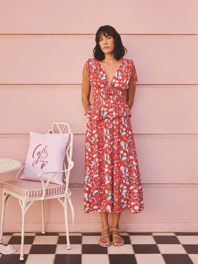 Lilac Purple Strawberry Print Shirred Midi Dress